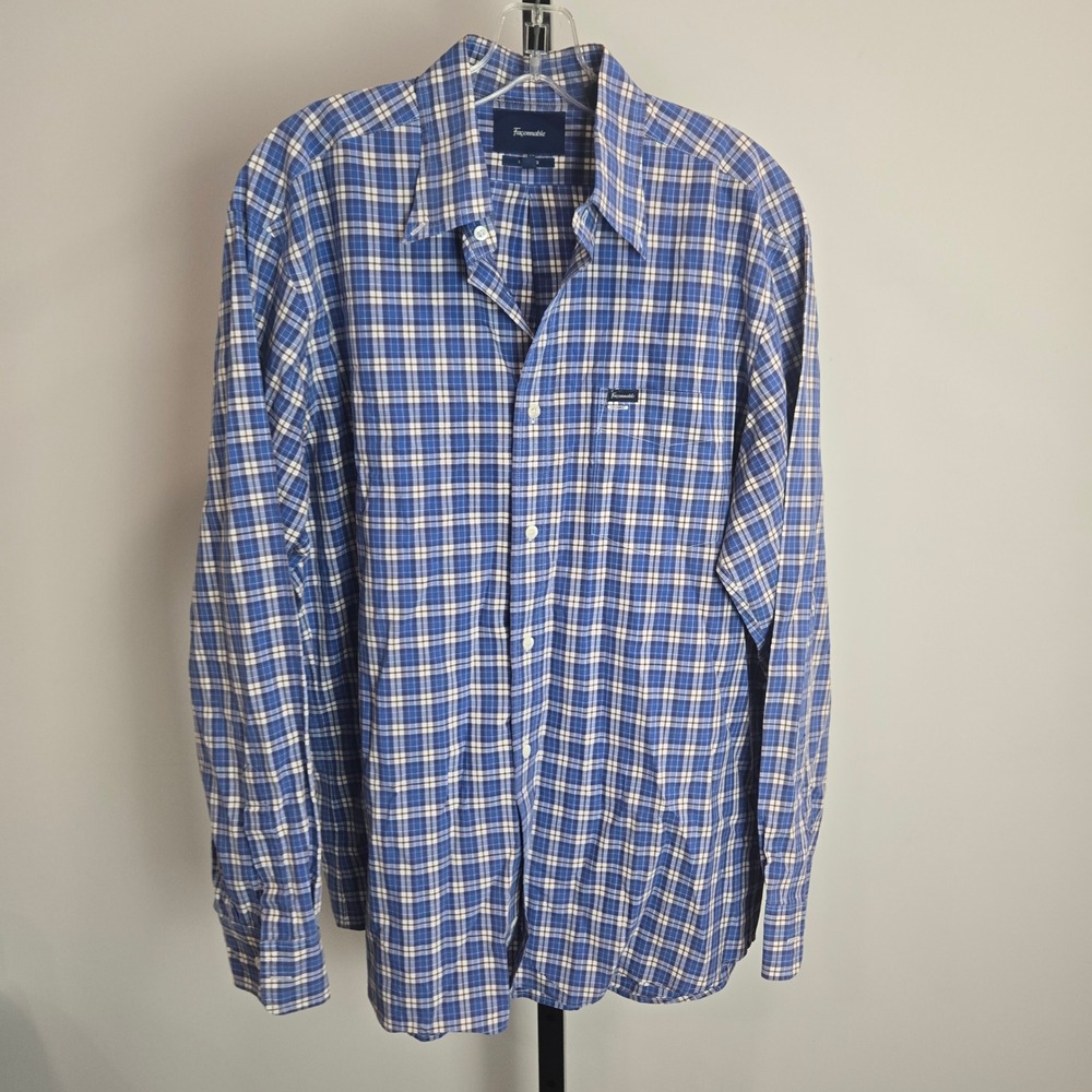 Faconnable Classique Mens Large Blue Plaid Long Sleeve Button Down Cotton Shirt